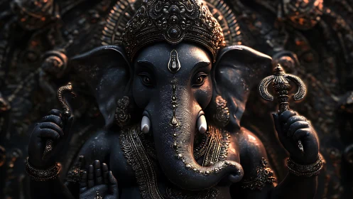 High-relief Ganesh icon rendered in ornate photoreal detail.