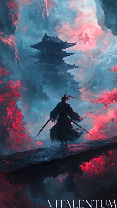 Samurai silhouette on bridge before distant pagoda at dusk.