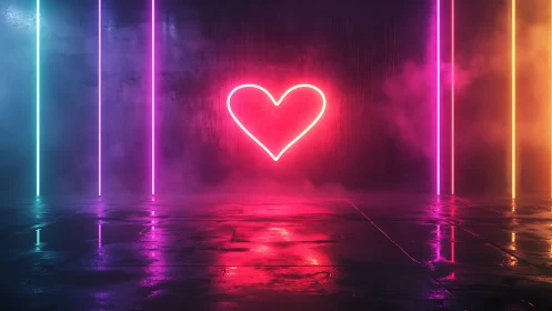 Neon heart humming in misty rainbow warehouse nightscape.