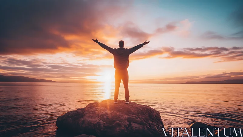 Silhouetted figure greets radiant ocean sunrise in triumph.