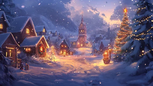 Snow-covered village street with seasonal lights at dusk.