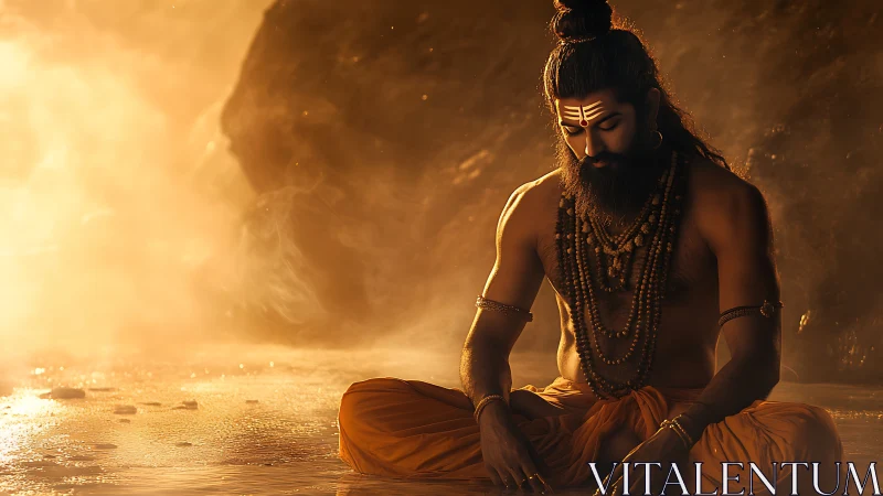 Ascetic yogi meditates in golden river light at dawn.