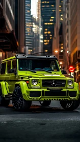 Lime green Mercedes SUV parked on city street at dusk.