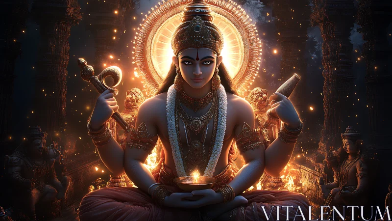 Radiant temple deity glowing with calm sacred warmth.