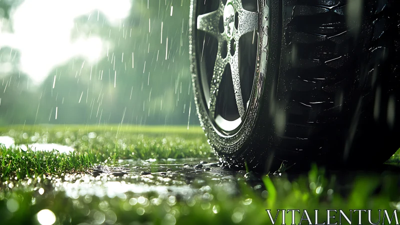 Close-up car tire on wet grass in heavy rainstorm scene.