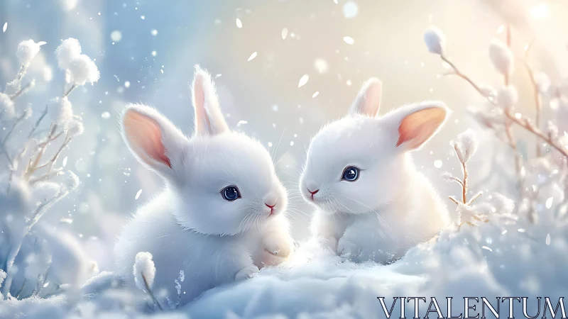 Digital painting of white winter rabbits in soft-focus snowfield.