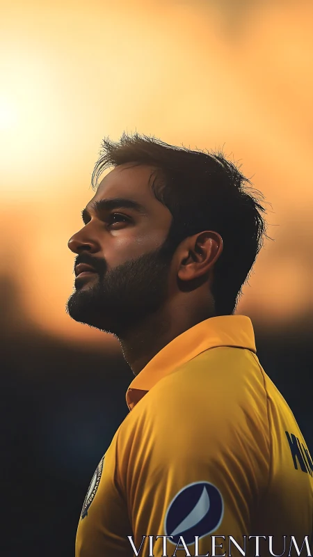 Side-lit athlete portrait in golden hour atmospheric field study.