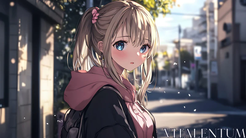 Blonde anime girl walks sunlit city street at dusk.