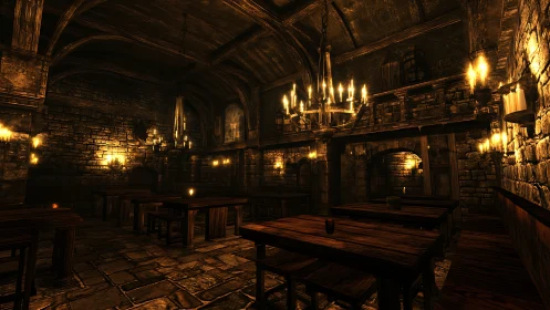 Medieval tavern hall glows under warm candle chandeliers.