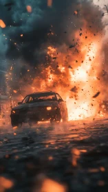 Sedan escaping large explosion with debris field