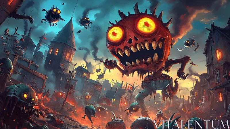 Giant red-eyed monster rampage in burning fantasy town.