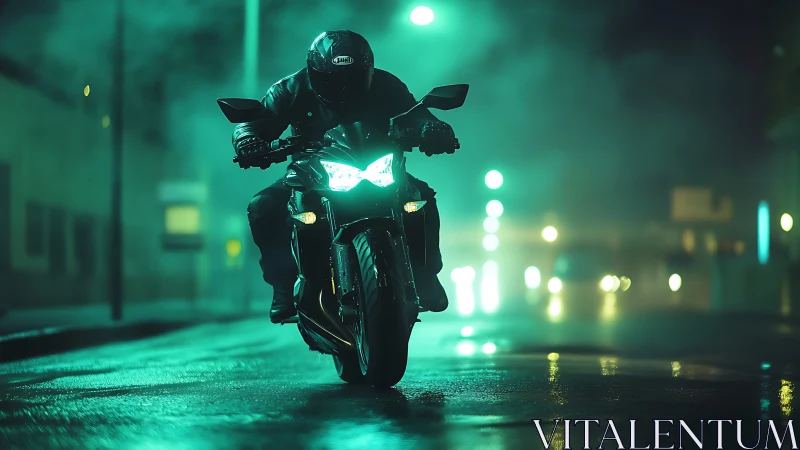 Motorcycle rider cuts through neon fog on wet city street.