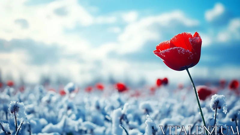 Macro red poppy in snow covered field under bright winter sky