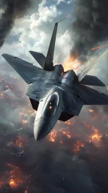 Steel-winged jet diving through storm and firelit clouds.