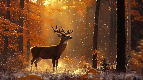 Digital painting of stag in golden autumn backlit forest scene.