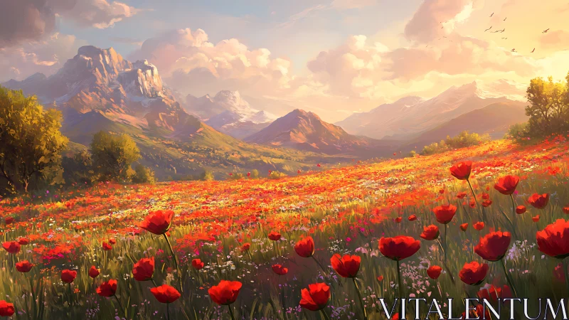 Digital landscape shows red wildflower field before mountains