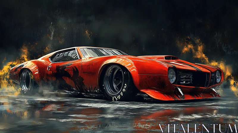 Fiery red muscle car roars forward through glowing smoke