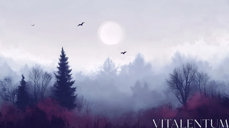 Misty forest landscape shows silhouetted trees and distant sun