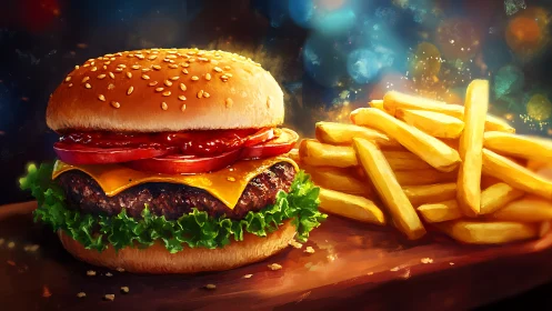 Cheeseburger with fries glows under vivid digital lighting