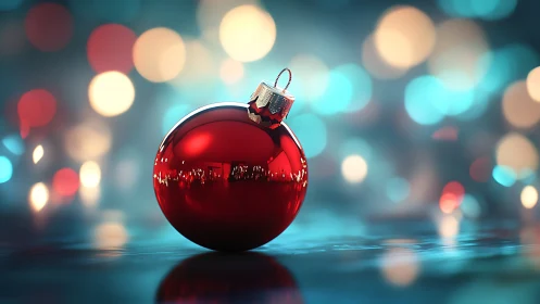 Red glass ornament on reflective surface with soft bokeh lights.