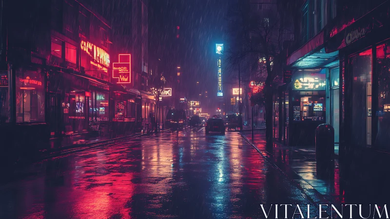 Neon-lit urban street at night is shown in persistent rainfall