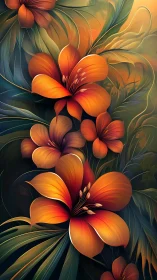 Digital illustration of layered orange tropical flowers.