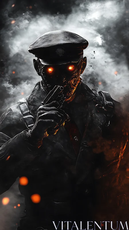 Cyberpunk enforcer android in cinematic smoke silhouette.