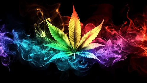 Rainbow cannabis leaf glows amid swirling neon smoke.