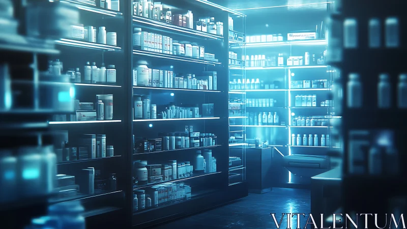 Neon lit pharmacy interior shows stocked medicine shelves
