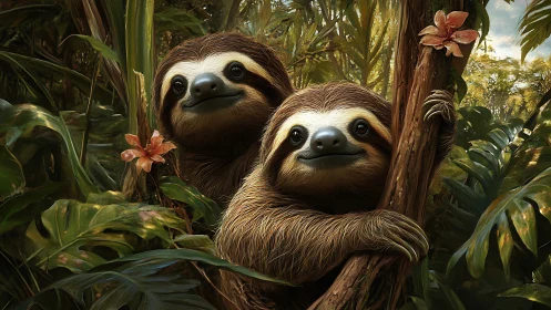 Hyperrealistic three-toed sloths clinging to rainforest branches