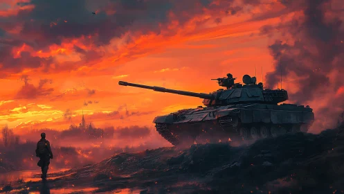 Armored tank and lone soldier under incendiary sunset sky.