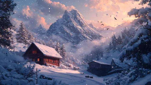 Snowfall serenade over ember-lit mountain cabins at dusk.