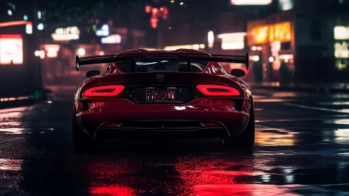 Rear aero-tuned supercar in neon-lit cinematic rainscape.