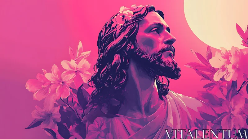 Neon magenta divine portrait with floral halo and rising sun