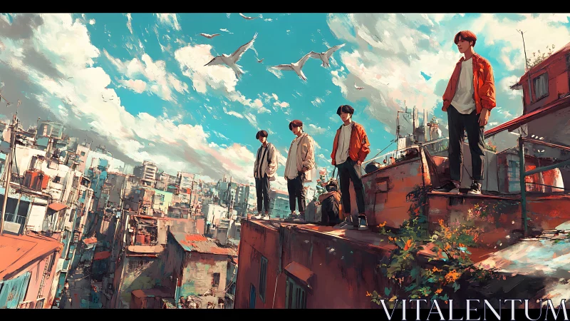 Four figures on urban rooftop edge under expansive sky.