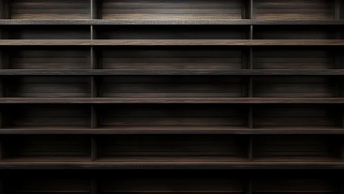 Dark wooden shelving grid emphasizes linear depth and order