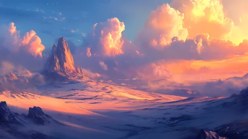 Iridescent alpine monolith beneath volumetric sunset cumulonimbus