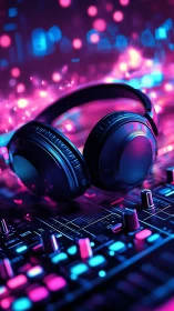 Neon-lit closed-back headphones on RGB DJ mixing console