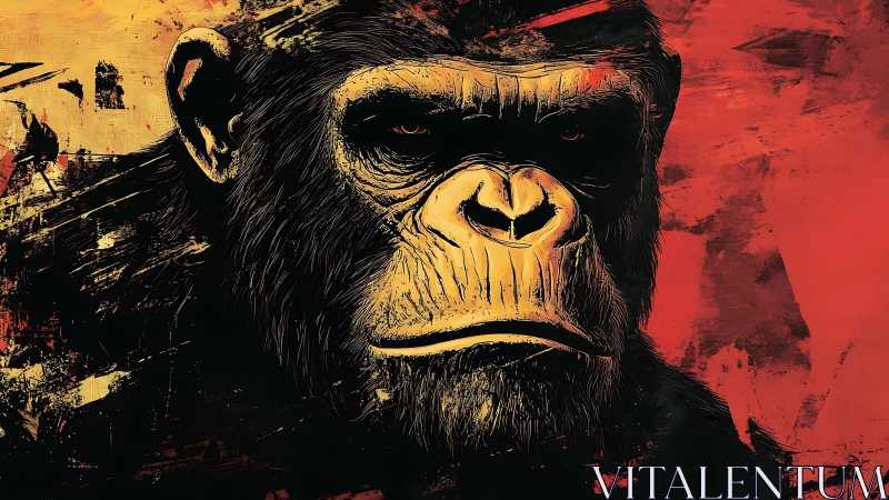 Brooding primate portrait in blazing strokes of red and gold.