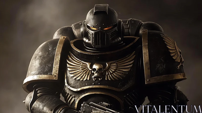 Stoic armored space warrior stands ready in golden-trimmed plate