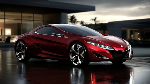Crimson concept coupe prowling a rain glazed modern plaza.