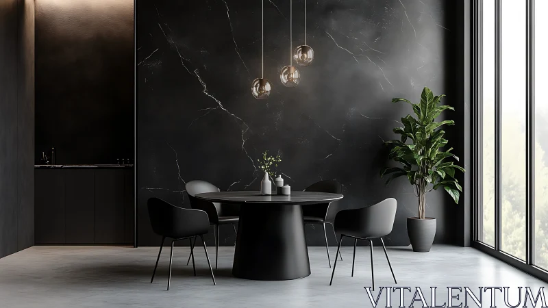 Monochrome dining area with black marble wall and glazing.