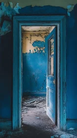 Weathered blue doorway quietly opens into a forgotten room