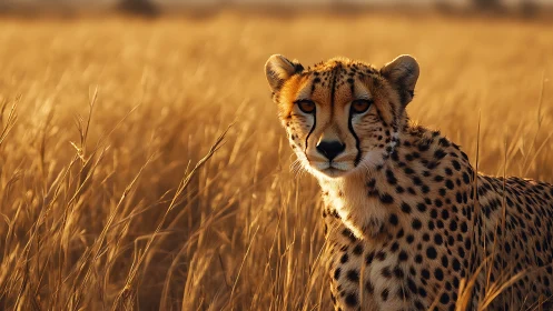 Cheetah standing alert in tall golden savanna grassland.