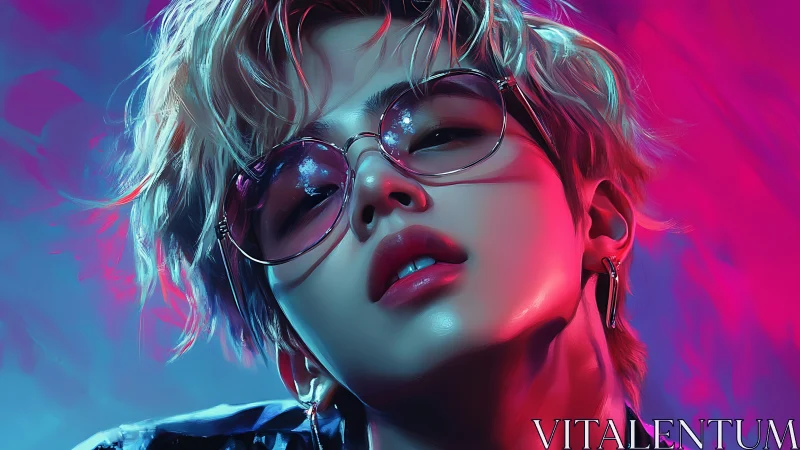 Portrait depicts stylized figure under neon magenta and cyan light