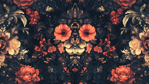 Baroque floral symmetry with fiery blooms on dark ground.