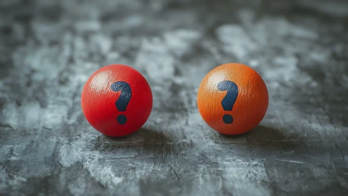 Color spheres with question marks on textured gray surface.