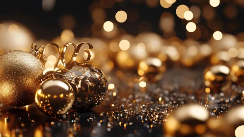 High-gloss gold ornaments with bokeh depth-of-field lighting study