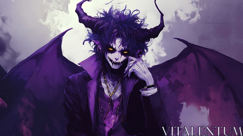 Horned demonic figure in violet tonal digital rendering.