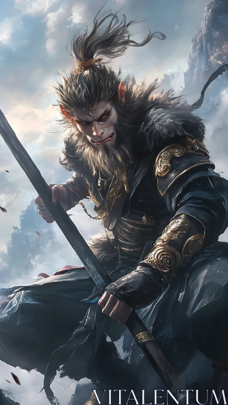 Mythic monkey warrior poised on cliffs in ornate armor.